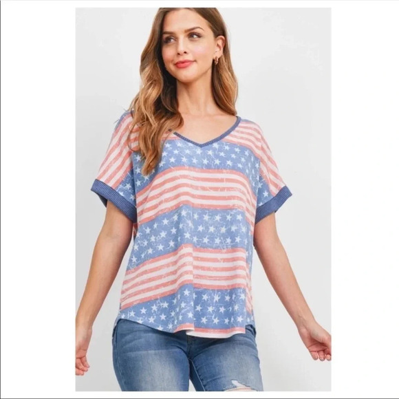 USA Flag Graphic Tee | Red White Blue V-Neck Patriotic 4th of July Top - Picture 2 of 8